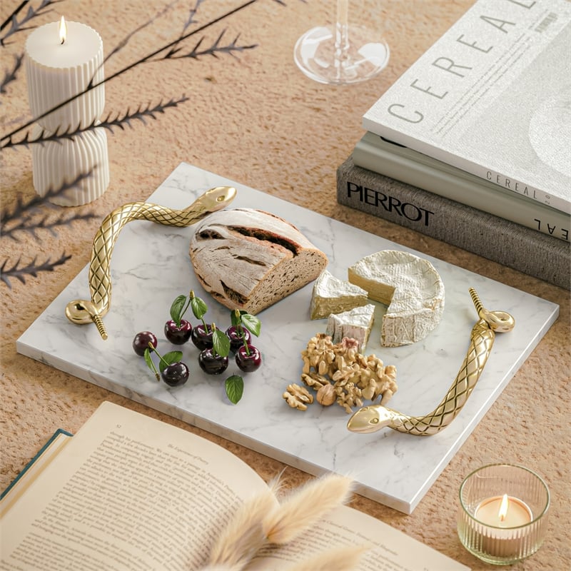 Maklaine White Marble Decorative Tray with Brass Snake Handles