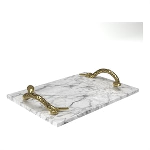 Maklaine White Marble Decorative Tray with Brass Snake Handles