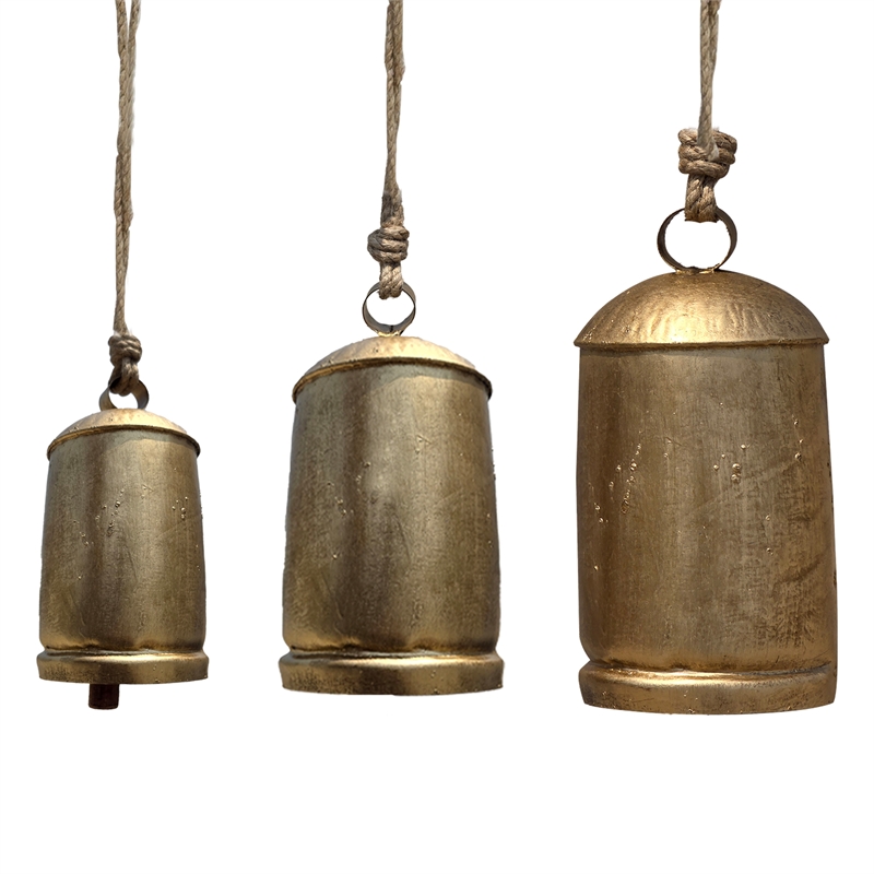 Maklaine Set of 3 Decorative Iron Cow Bells in Antique Gold Finish
