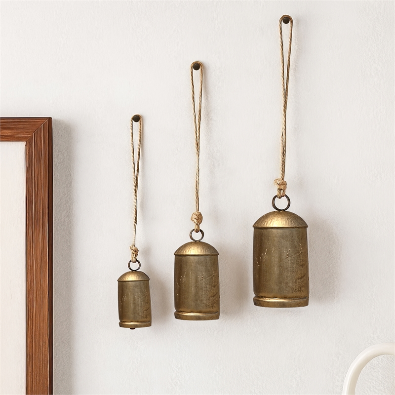 Maklaine Set of 3 Decorative Iron Cow Bells in Antique Gold Finish