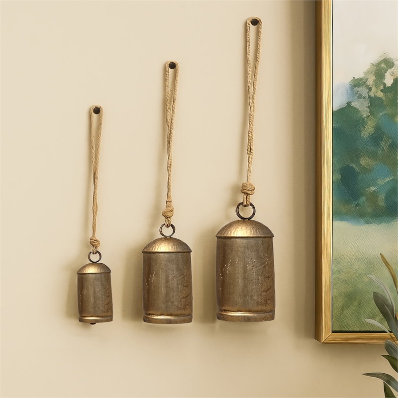 Maklaine Set of 3 Decorative Iron Cow Bells in Antique Gold Finish