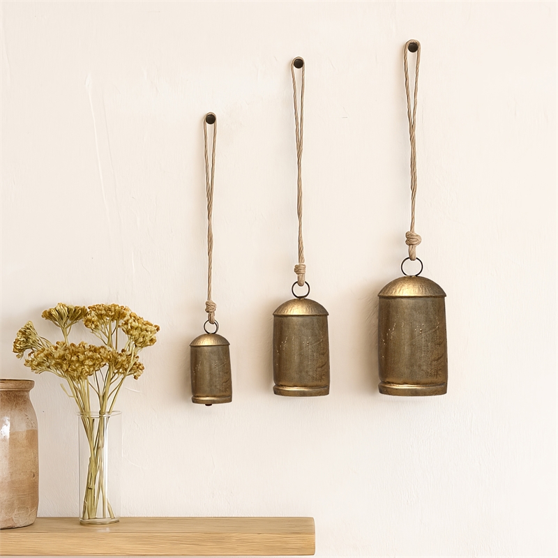 Maklaine Set of 3 Decorative Iron Cow Bells in Antique Gold Finish