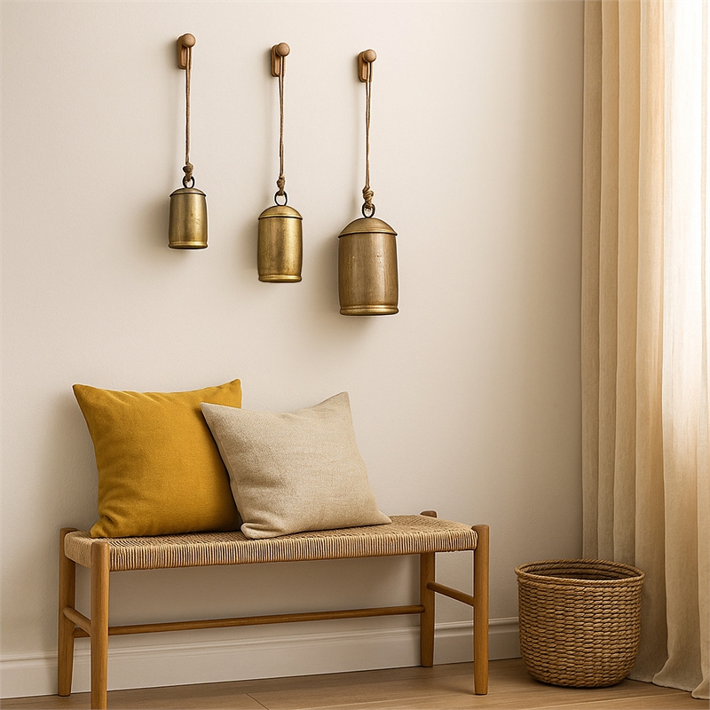 Maklaine Set of 3 Decorative Iron Cow Bells in Antique Gold Finish