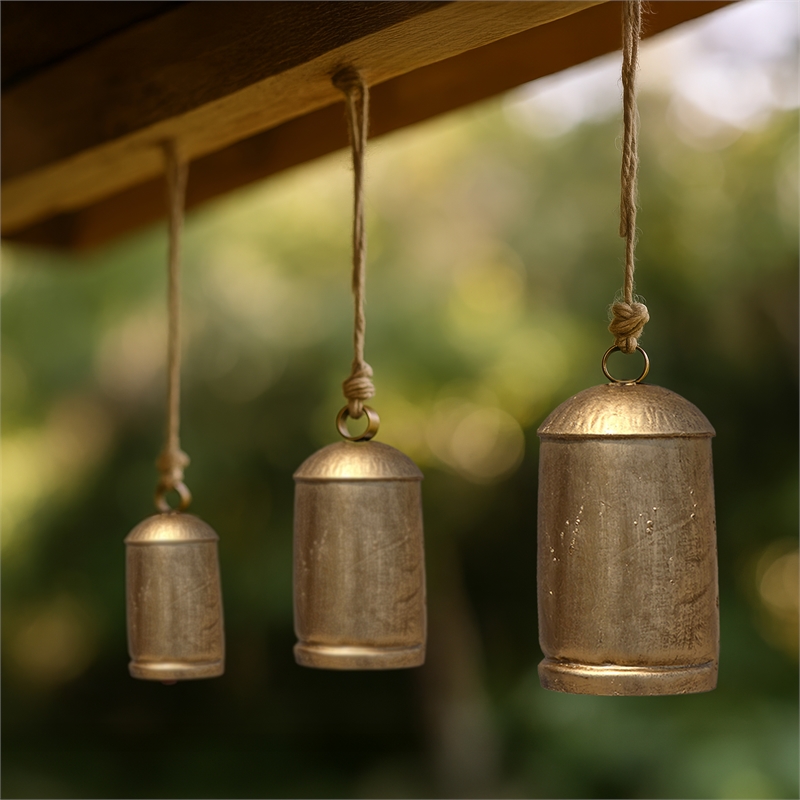 Maklaine Set of 3 Decorative Iron Cow Bells in Antique Gold Finish