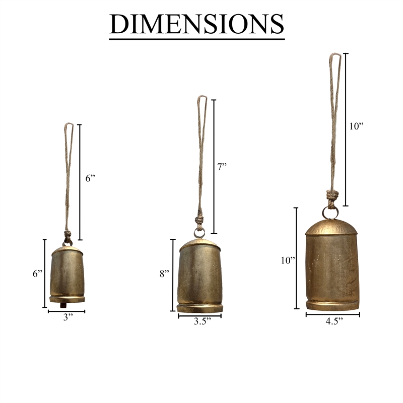 Maklaine Set of 3 Decorative Iron Cow Bells in Antique Gold Finish
