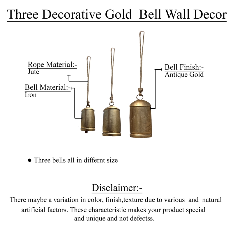 Maklaine Set of 3 Decorative Iron Cow Bells in Antique Gold Finish