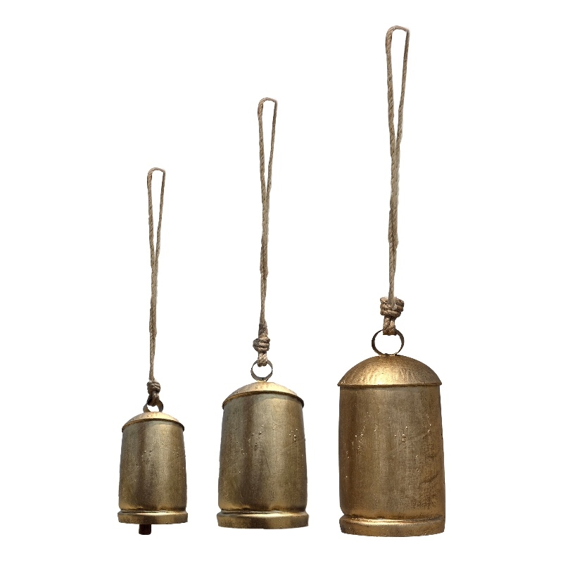 Maklaine Set of 3 Decorative Iron Cow Bells in Antique Gold Finish
