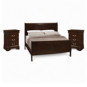 Maklaine 3Pc Set of Full Sleigh Bed and 3-Drawer Nightstands in Cappuccino