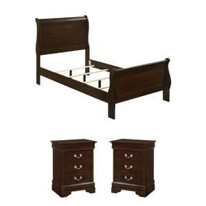 Maklaine 3Pc Set of Twin Sleigh Bed and 3-Drawer Nightstands in Cappuccino