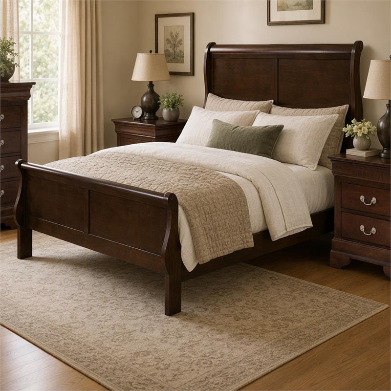 Maklaine 3Pc Set of  King Sleigh Bed and 2-Drawer Nightstands in Cappuccino