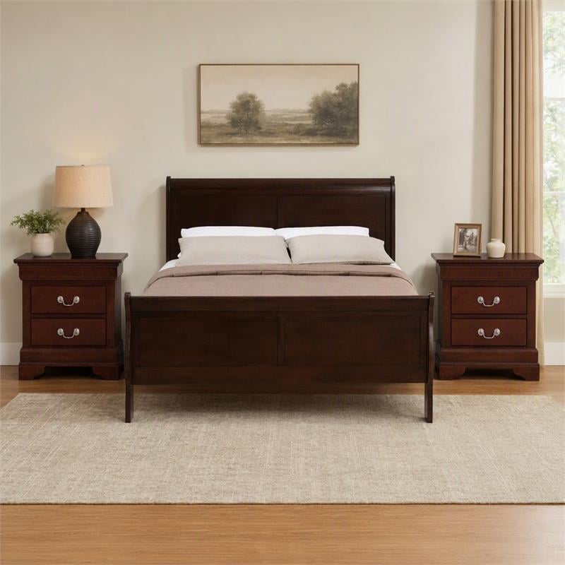 Maklaine 3Pc Set of Full Sleigh Bed & Nightstands in Cappuccino