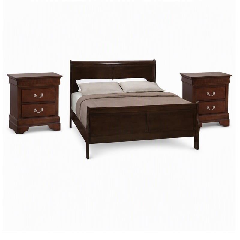 Maklaine 3Pc Set of Full Sleigh Bed & Nightstands in Cappuccino