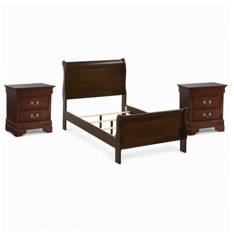Maklaine 3Pc Set of Twin Sleigh Bed and Nightstands in Cappuccino