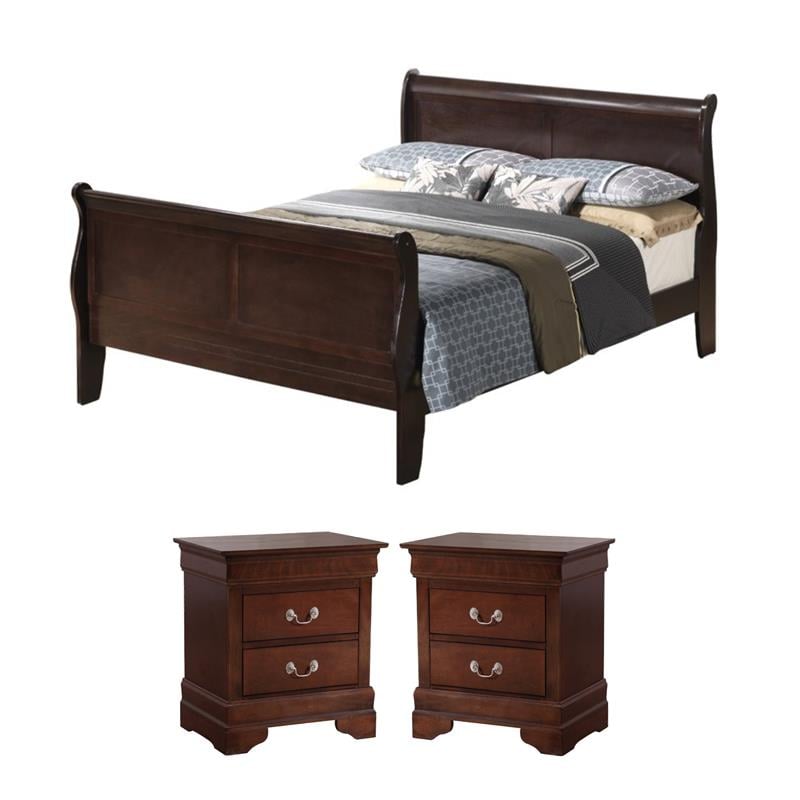 Maklaine 3Pc Bedroom Set of Sleigh Bed and Nightstands in Cappuccino