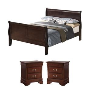 Maklaine 3Pc Bedroom Set of Sleigh Bed and Nightstands in Cappuccino