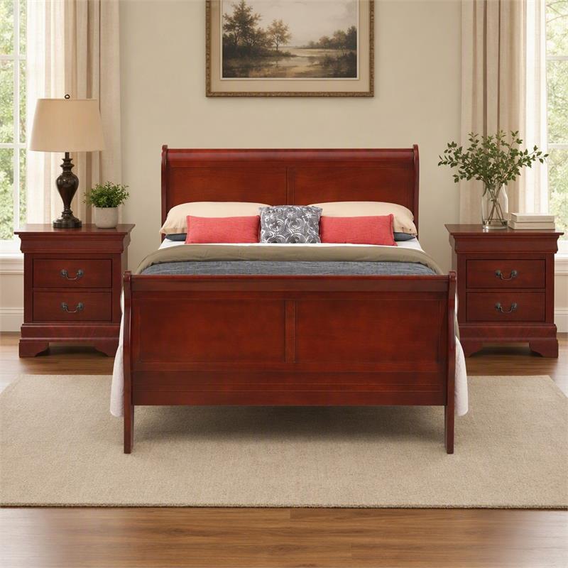 Maklaine Queen Sleigh Bed and 2-Drawer Nightstands Set in Cherry 