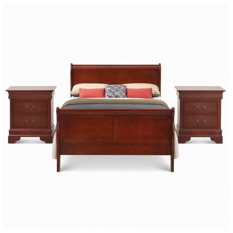 Maklaine Queen Sleigh Bed and 2-Drawer Nightstands Set in Cherry 