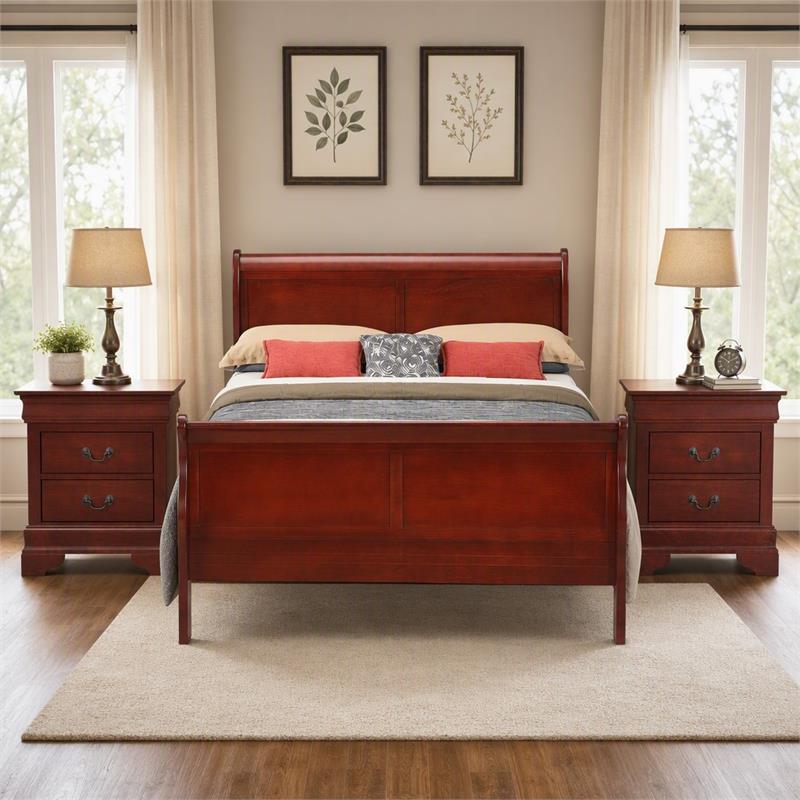Maklaine King Sleigh Bed and 2-Drawer Nightstands Set in Cherry