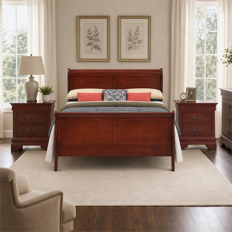 Maklaine Sleigh Bed and 2-Drawer Nightstands Set in Cherry