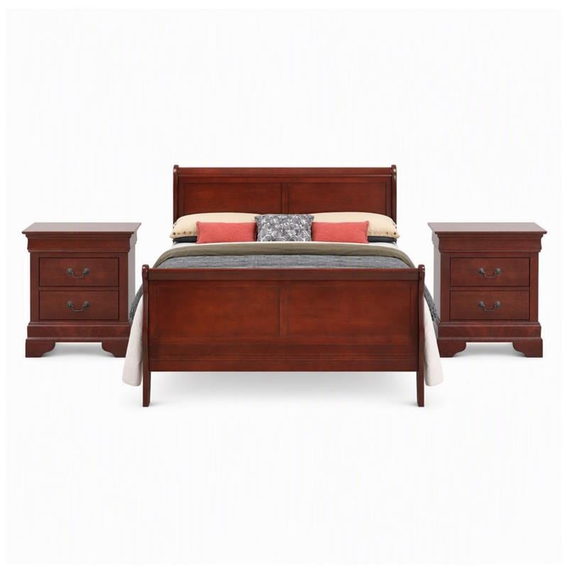 Maklaine Sleigh Bed and 2-Drawer Nightstands Set in Cherry