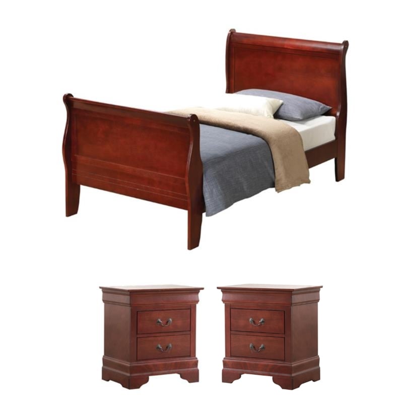 Maklaine 3Pc Set of Twin Sleigh Bed and Nightstands in Cherry