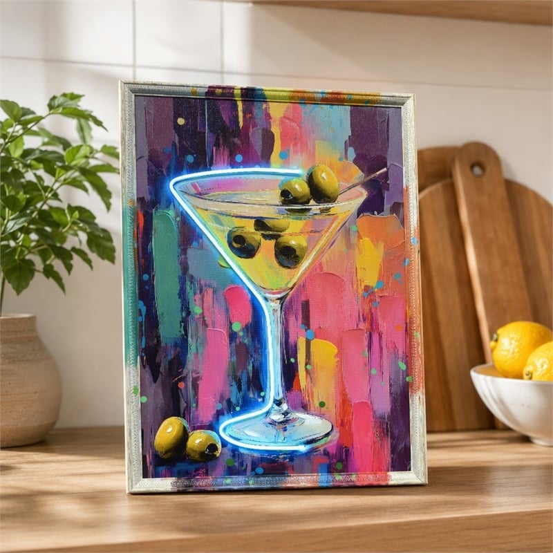 Maklaine Glow Martini LED Canvas Wall Art with Abstract Multi-Color Design