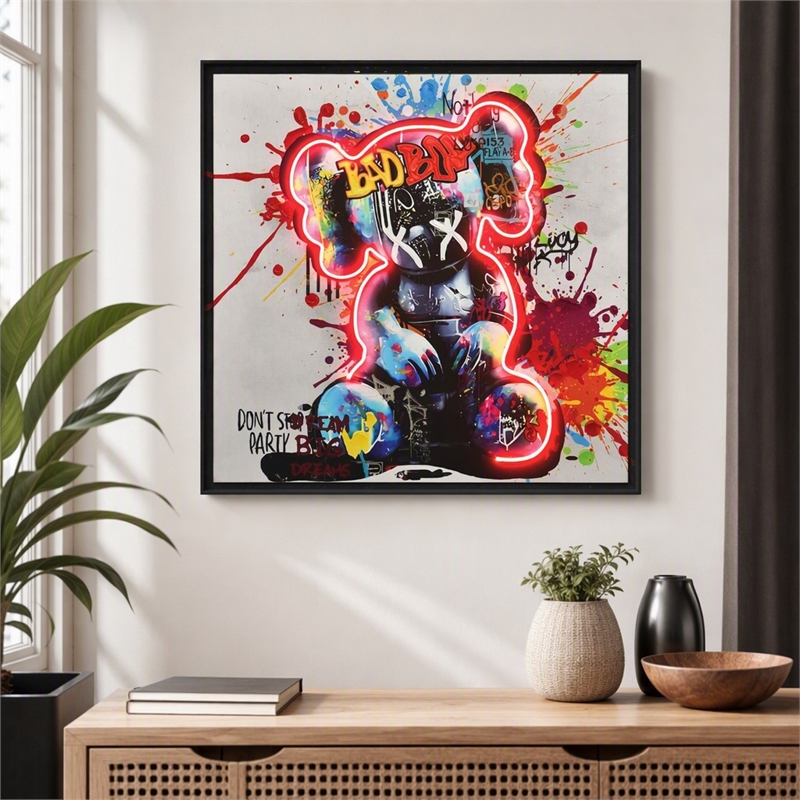 Maklaine Graffiti Bear Neon LED Canvas Art with Wood Frame in Multi-Color