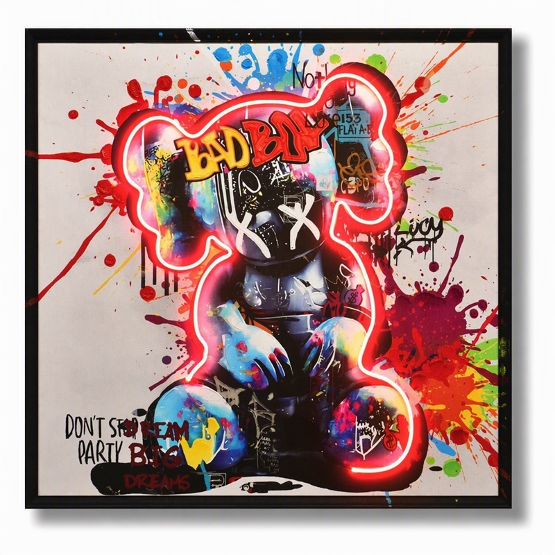 Maklaine Graffiti Bear Neon LED Canvas Art with Wood Frame in Multi-Color