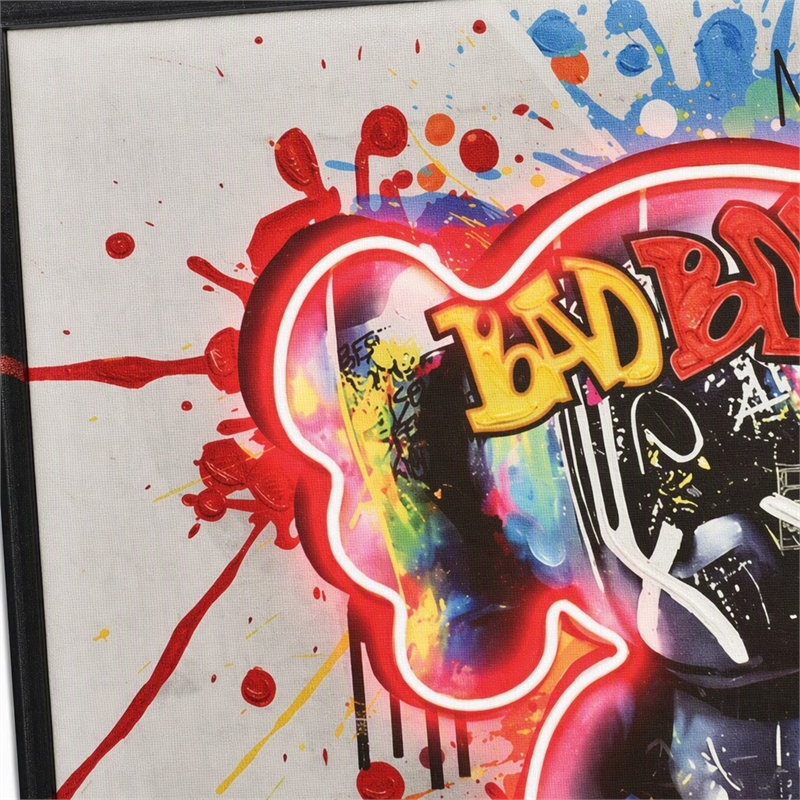 Maklaine Graffiti Bear Neon LED Canvas Art with Wood Frame in Multi-Color
