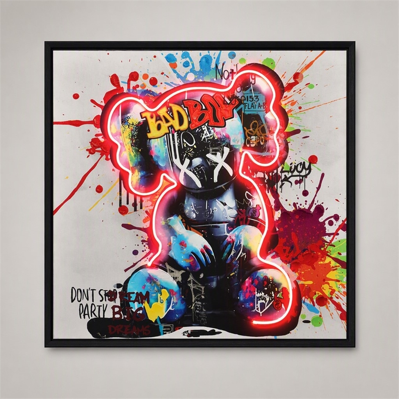 Maklaine Graffiti Bear Neon LED Canvas Art with Wood Frame in Multi-Color