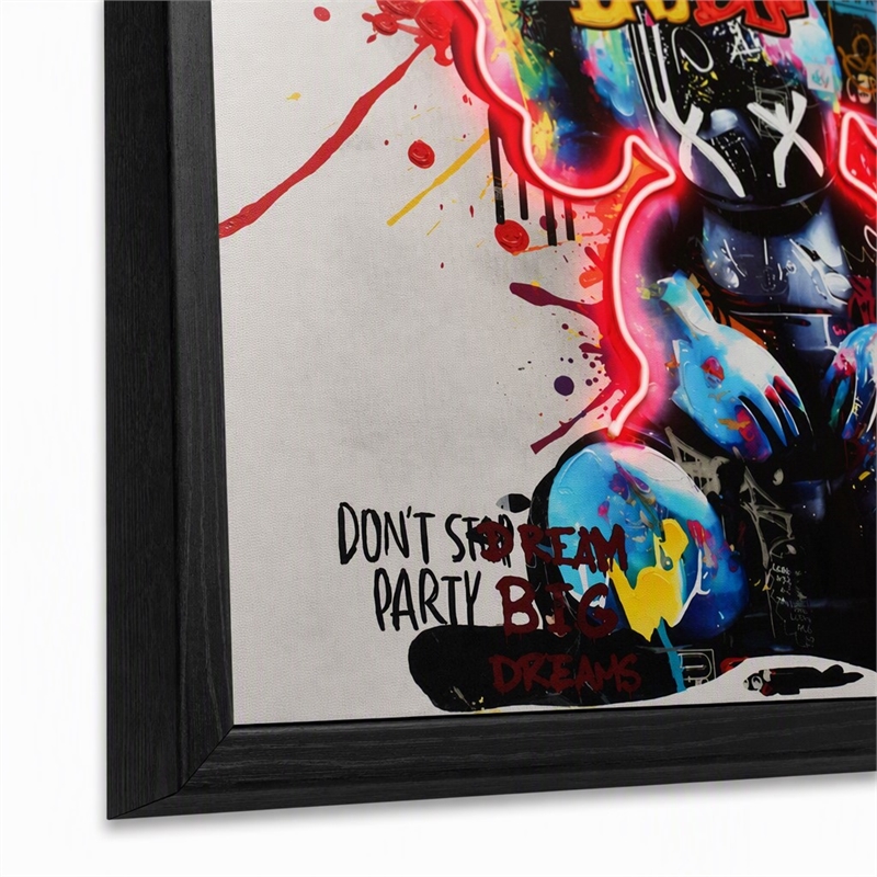 Maklaine Graffiti Bear Neon LED Canvas Art with Wood Frame in Multi-Color