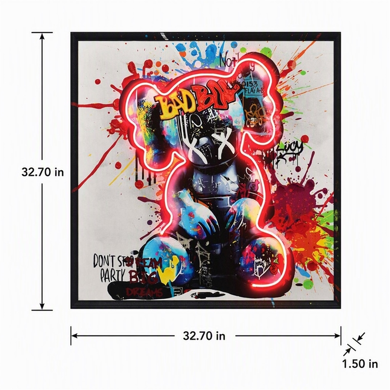 Maklaine Graffiti Bear Neon LED Canvas Art with Wood Frame in Multi-Color