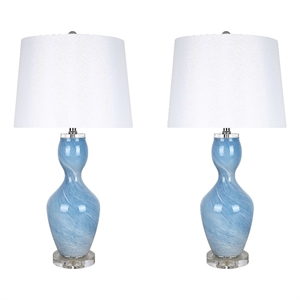 Maklaine Azure Elegance Set of 2 Blue Art Glass Table Lamps with White Shade
