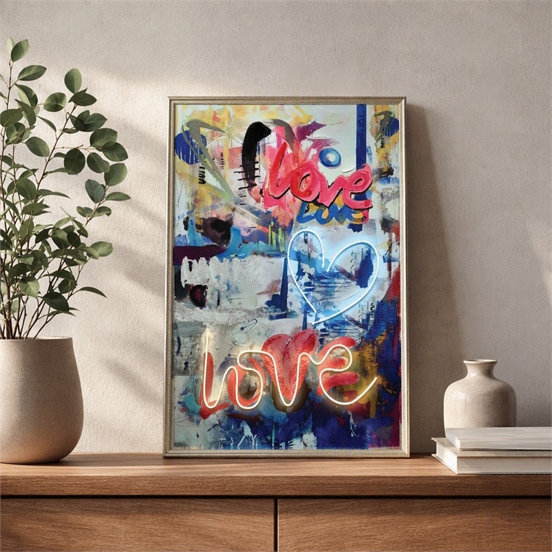 Maklaine Neon Love Graffiti Multi-Color Canvas Art with Beige Frame
