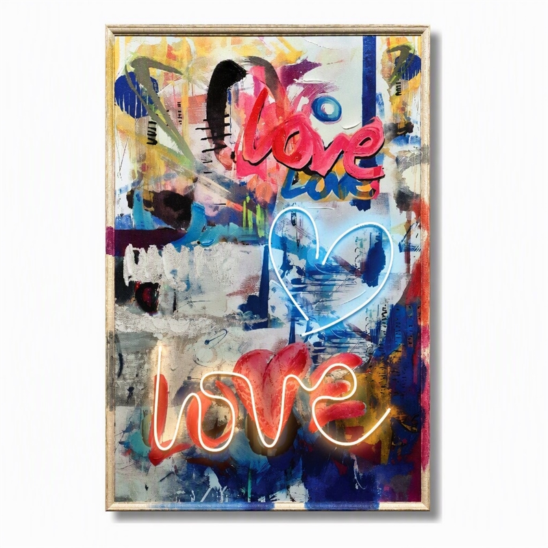 Maklaine Neon Love Graffiti Multi-Color Canvas Art with Beige Frame