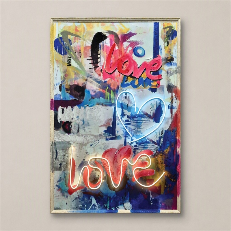 Maklaine Neon Love Graffiti Multi-Color Canvas Art with Beige Frame