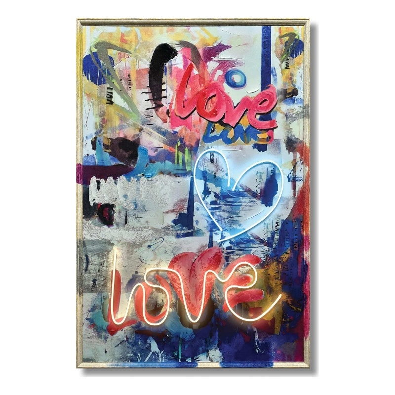 Maklaine Neon Love Graffiti Multi-Color Canvas Art with Beige Frame