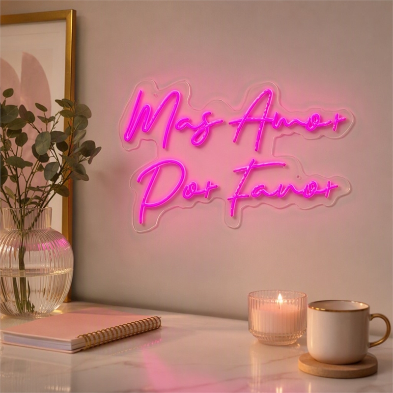Maklaine Mas Amor Por Favor LED Neon Sign on Acrylic in Pink 30