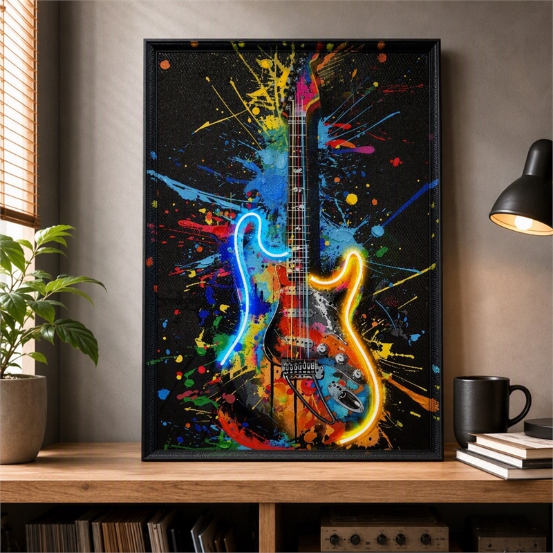 Maklaine Neon Guitar Splash Canvas Wall Art with Black Frame