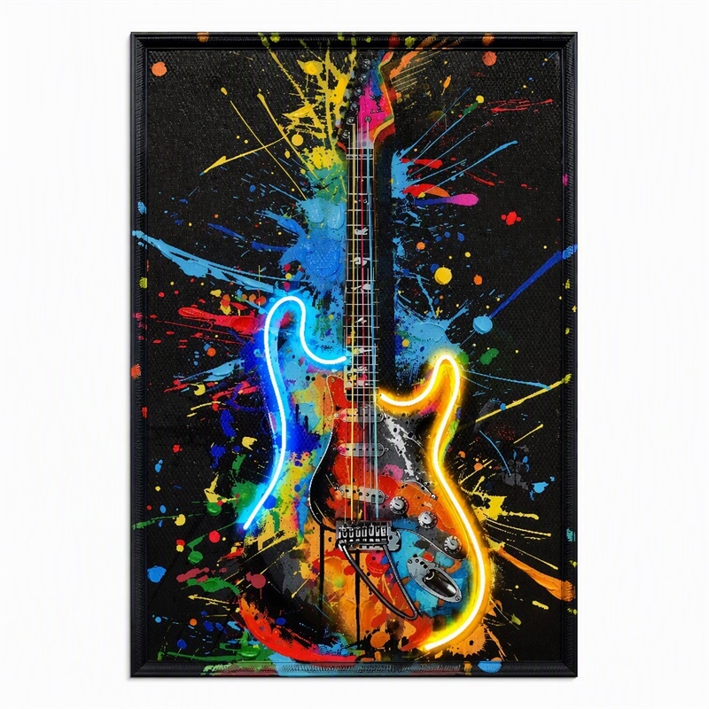 Maklaine Neon Guitar Splash Canvas Wall Art with Black Frame