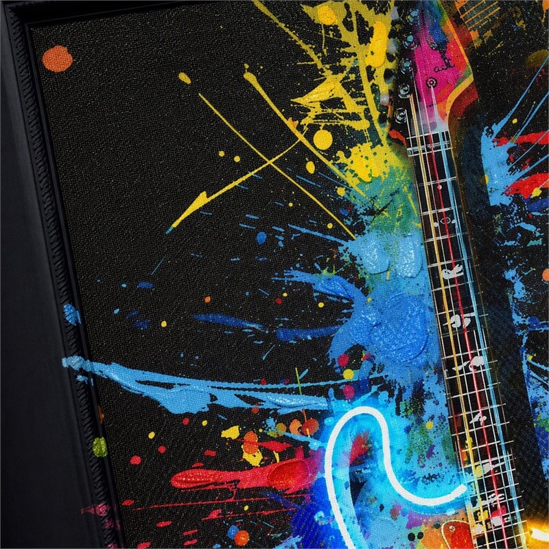 Maklaine Neon Guitar Splash Canvas Wall Art with Black Frame