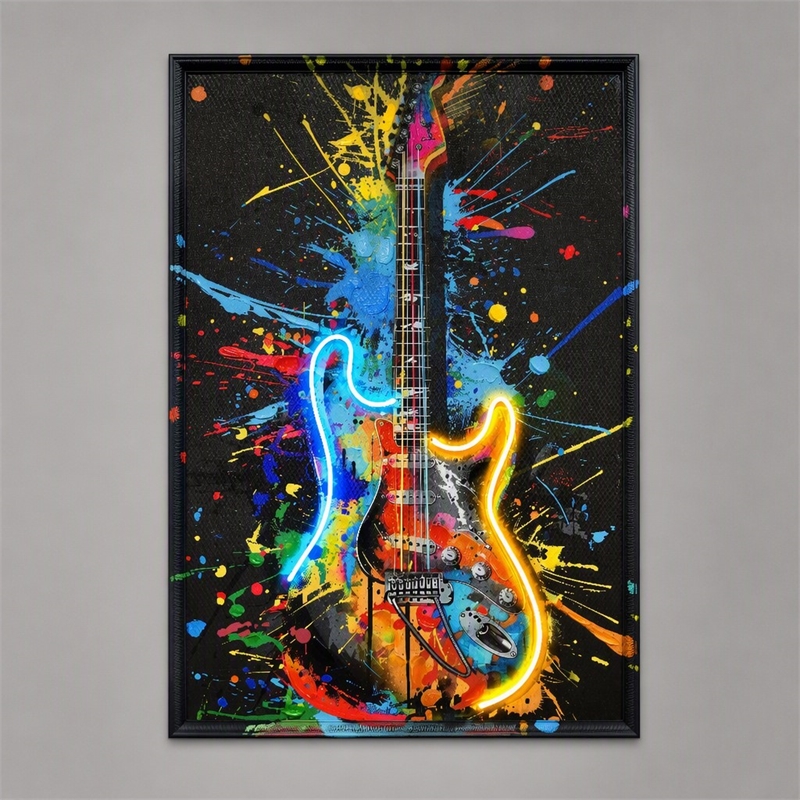 Maklaine Neon Guitar Splash Canvas Wall Art with Black Frame