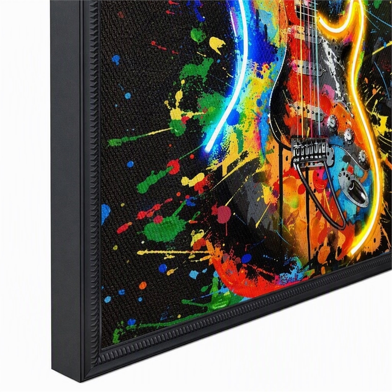 Maklaine Neon Guitar Splash Canvas Wall Art with Black Frame