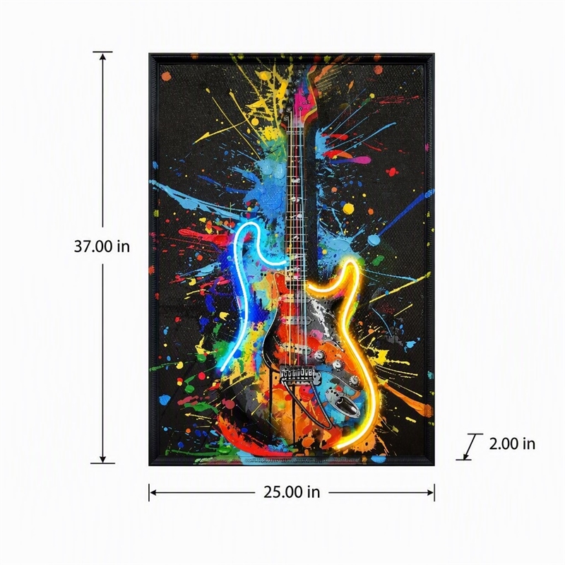 Maklaine Neon Guitar Splash Canvas Wall Art with Black Frame