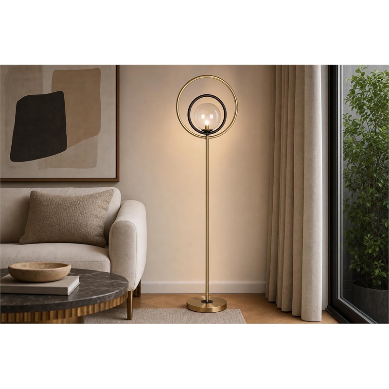 Maklaine Eclipse Aura Metal Floor Lamp in Matte Black and Soft Gold