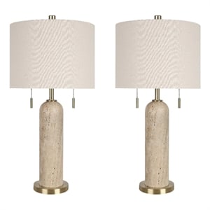 Maklaine Travertine Table Lamp Set with Metal Soft Gold Base and Cream Shade