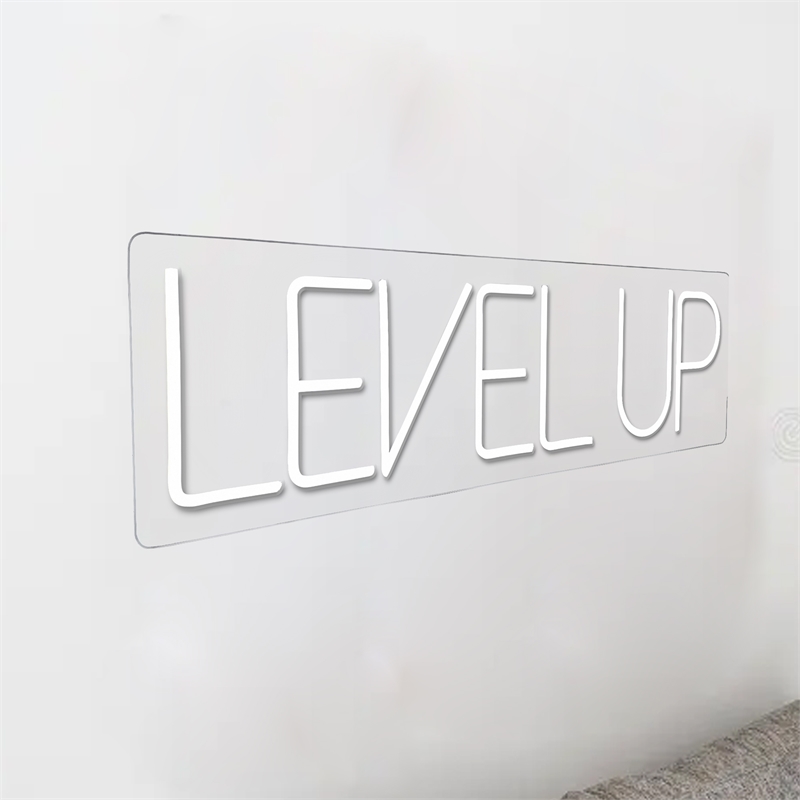 Maklaine Level Up White Neon Sign Art with Acrylic Frame and Plug-In Lighting