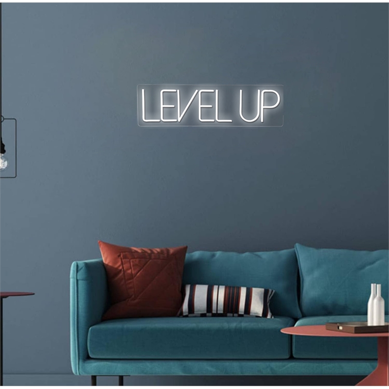 Maklaine Level Up White Neon Sign Art with Acrylic Frame and Plug-In Lighting