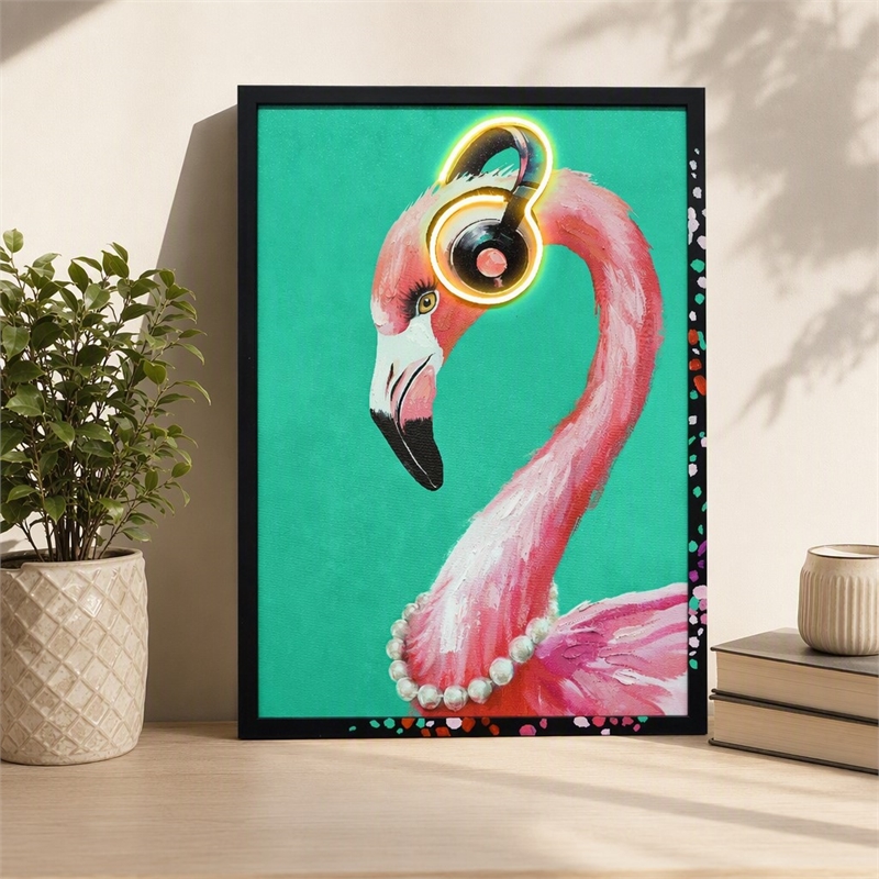 Maklaine Musical Neon Flamingo Canvas Wall Art in Black Wood Frame