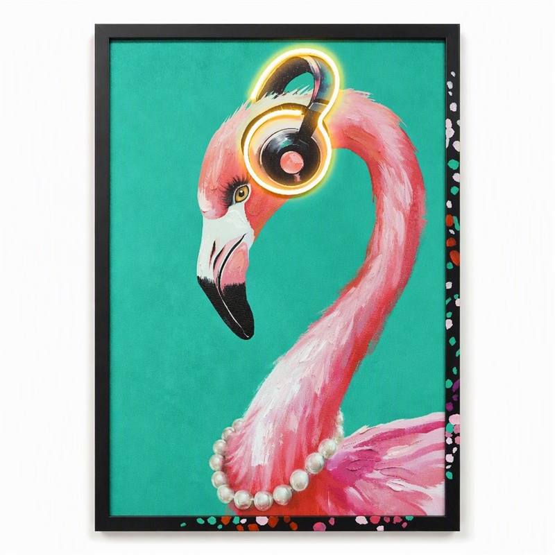 Maklaine Musical Neon Flamingo Canvas Wall Art in Black Wood Frame
